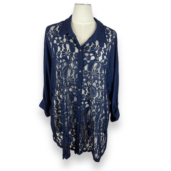 Catherines Tops - Catherines Size 2X Cotton Navy Button up Floral Lace front long sleeve top soft
